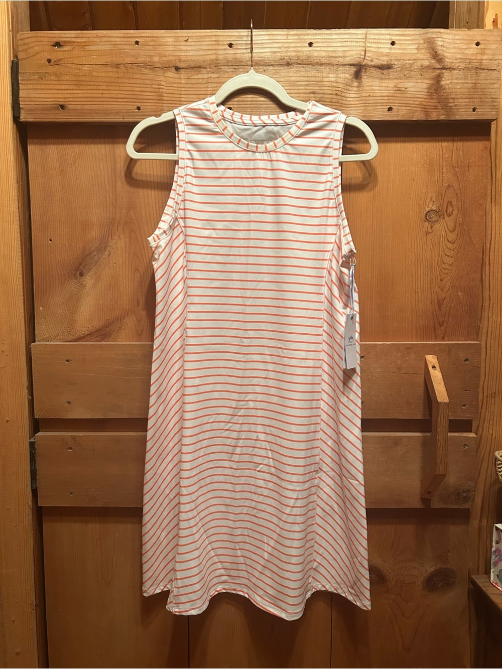 Southern Tide Striped Sleeveless Performance Dress in White and Coral